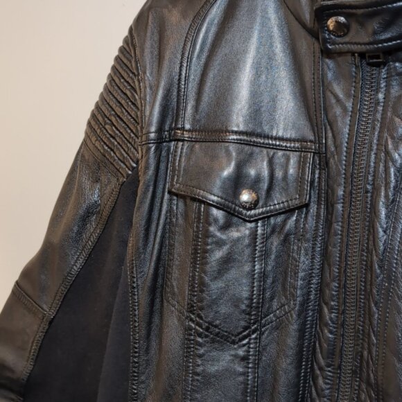 Guess Genuine Lamb Leather Moto Jacket Knit Padded Black Biker Motorcycle Coat - Picture 4 of 15